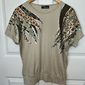 Vintage K.T. Sports Womens Top XL‎ Beige Brown Graphic Print Short Sleeve USA
